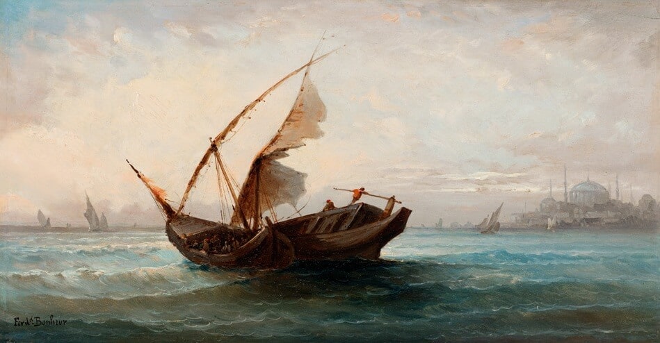Marmara&amp;amp;amp;amp;amp;amp;rsquo;dan, Ferdi̇nand Bonheur, 1890 ci̇varı, Tuval &amp;amp;amp;amp;amp;amp;uuml;zerine yağlıboya, 21,5 x 40,5 cm.
