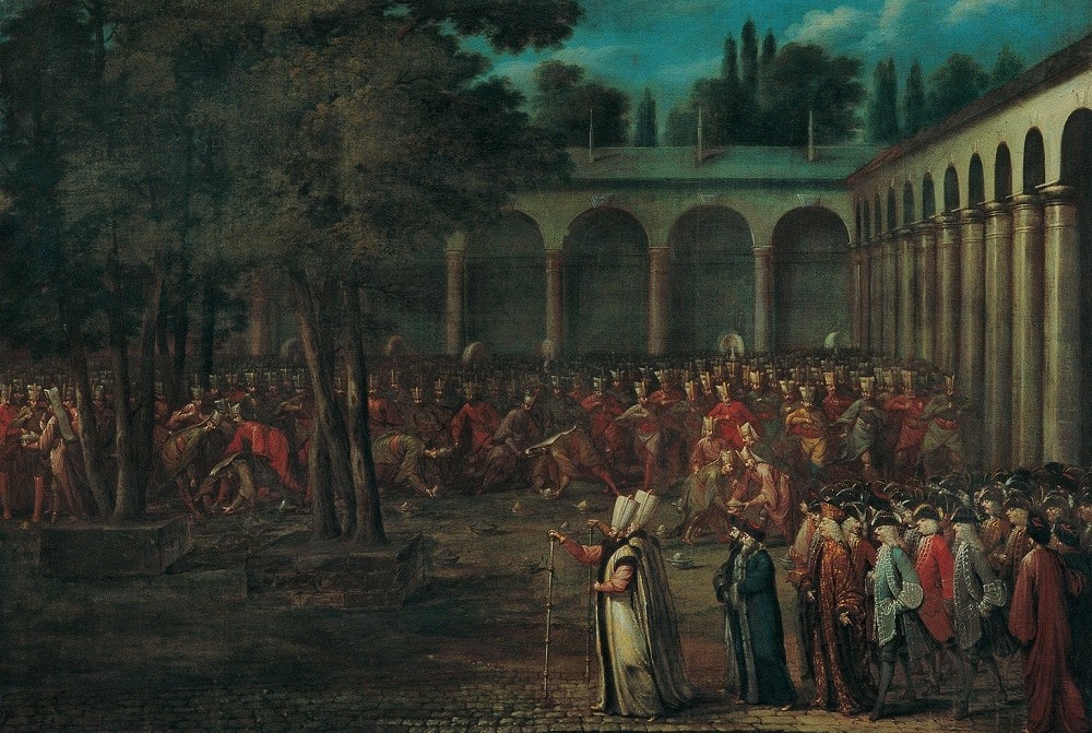 El&amp;amp;ccedil;i Heyeti&amp;amp;rsquo;nin Topkapı Sarayı&amp;amp;rsquo;nın İkinci Avlusundan Ge&amp;amp;ccedil;işi, Jean Baptiste Vanmour, (1725 ?) Tuval &amp;amp;uuml;zerine yağlıboya, 90 x 121 cm.