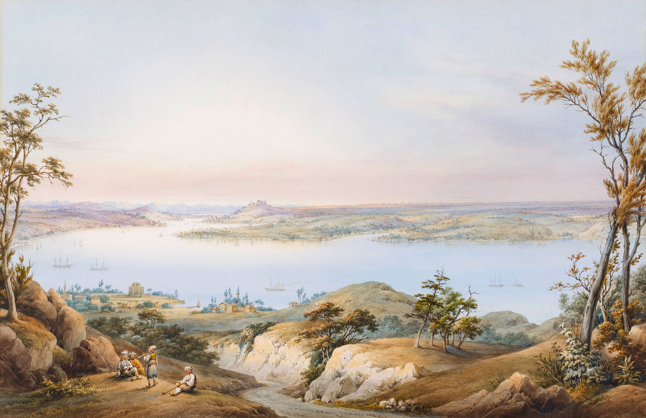 İstanbul Boğazı, Joseph (Guiseppe) Schranz (?), 19. y&amp;amp;amp;amp;amp;amp;uuml;zyıl ortaları, K&amp;amp;amp;amp;amp;amp;acirc;ğıt &amp;amp;amp;amp;amp;amp;uuml;zerine suluboya, 33 x 54 cm.